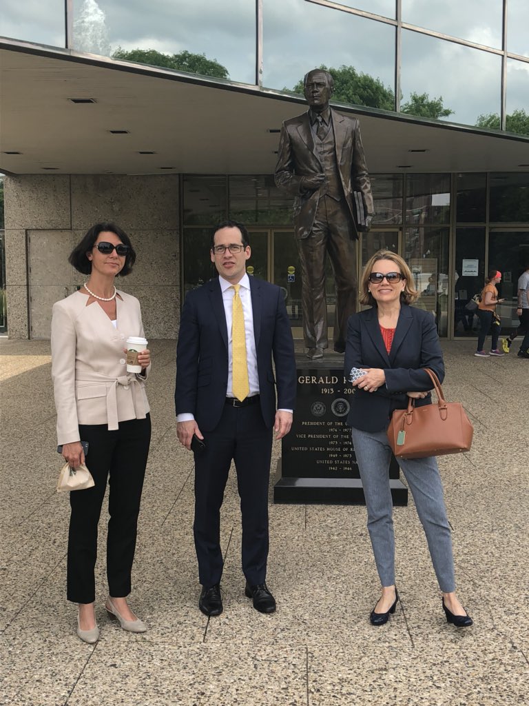 Kadri Liik, Richard Fontaine, and Julie Smith stand outside the Gerald R. Ford Presidential Museum before their public forum discussion on transatlantic cooperation