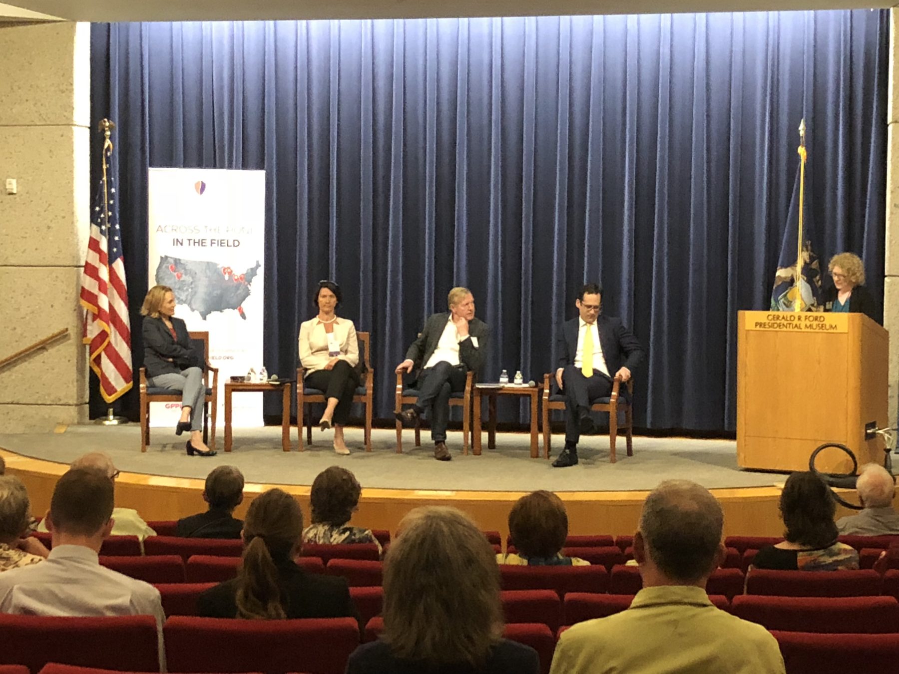 Dr. Erika Kubic gives opening remarks before a public forum entitled “A World in Disarray: Prospects and Challenges for Transatlantic Cooperation” at the Gerald R. Ford Presidential Museum