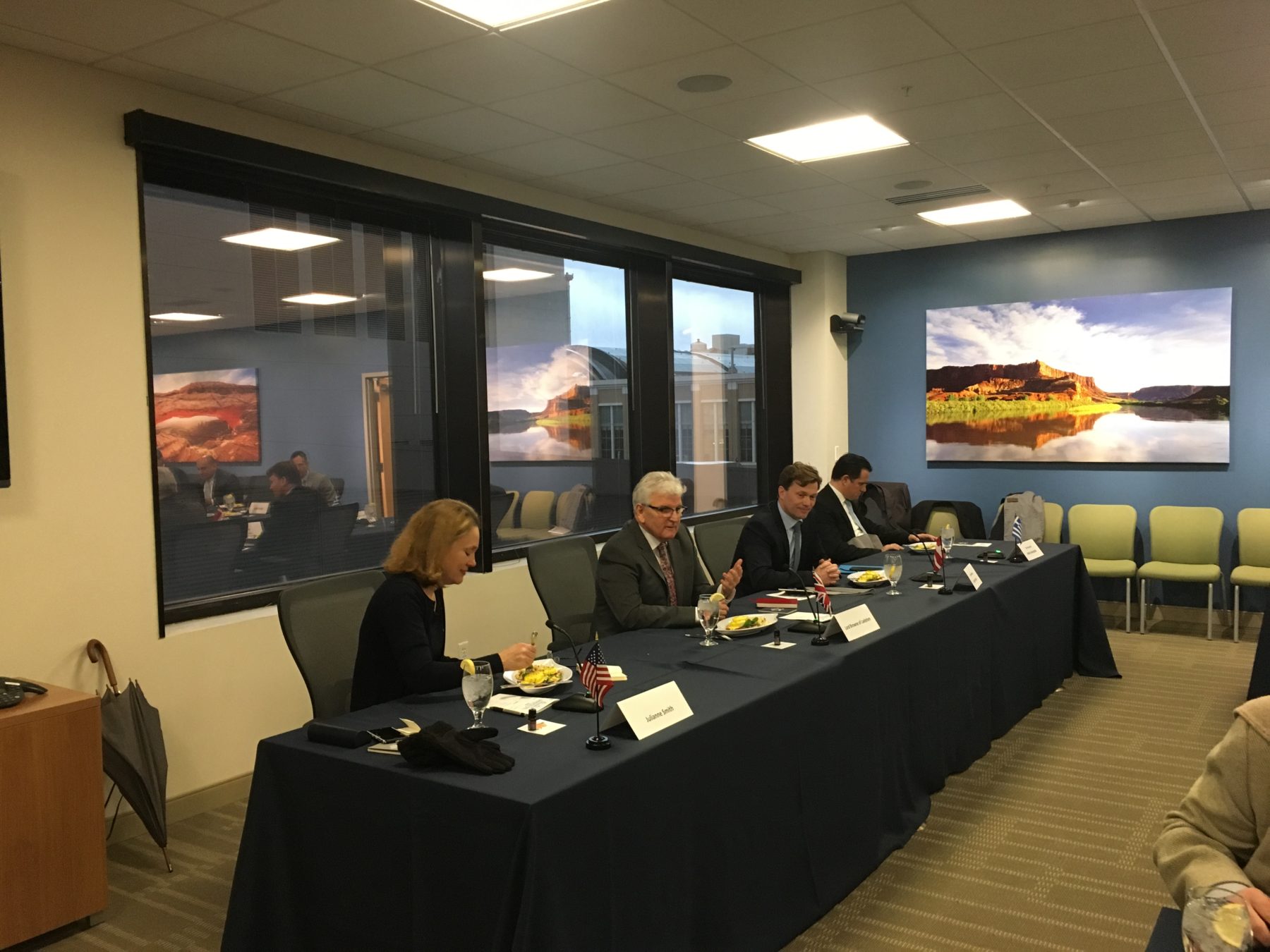 Julie Smith, Lord Browne, Ambassador Lose, and Adonis Georgiadis host a panel on the US-European trade relationship at World Trade Center Utah 