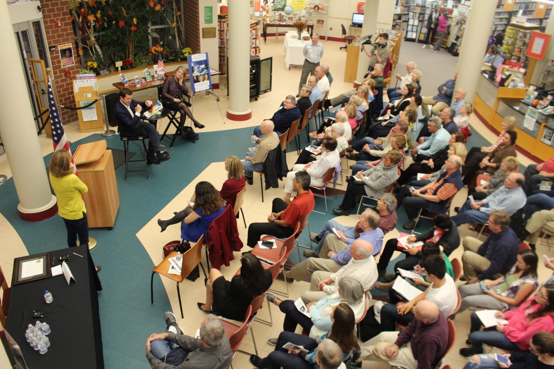 October 19- Julianne Smith, Karl Theodor zu Guttenberg, and Ambassador Karin Olofsdotter speak to a crowd of over 100 at the Peters Township Public Library. 