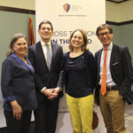 Ambassador Toria Nuland, the Rt. Hon David Miliband, Julianne Smith, and Ambassador Peter Wittig pose for a picture at the conclusion of the public event in Tampa 