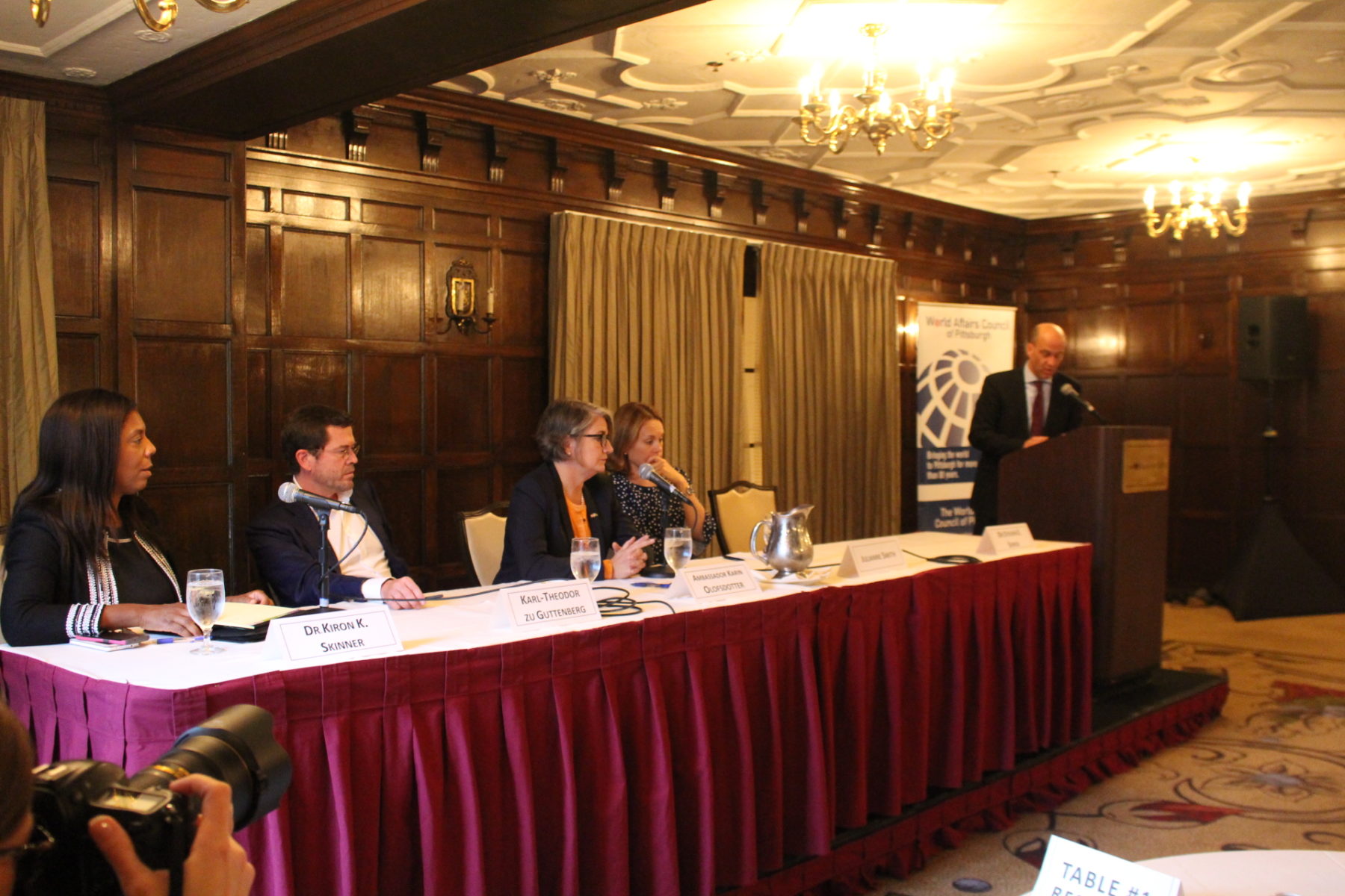 October 19- Dr. Kiron Skinner, Karl-Theodor zu Guttenberg, Ambassador Karin Olofsdotter, Julianne Smith, and Dr. Steven Sokol take part in a public event at the Omni William Penn Hotel co-hosted with the World Affairs Council of Pittsburgh. 